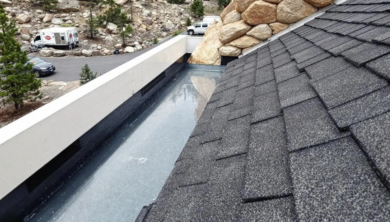 The image depicts the valley area of a mountain home roof, showcasing a clear, debris-free drainage channel that ensures proper water flow. This attention to detail is essential for maintaining the structural integrity of the roof and preventing issues from debris accumulation during rain or winter weather.
