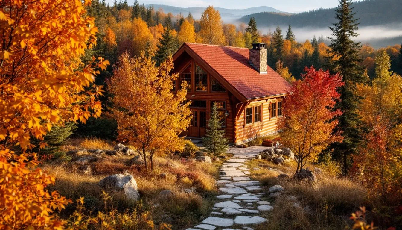 A picturesque mountain home is nestled among vibrant autumn trees, showcasing its quality roofing elements such as asphalt shingles and gutters. The scene highlights the importance of routine inspections and maintenance to ensure the structural integrity of the roof, especially with the changing weather conditions.