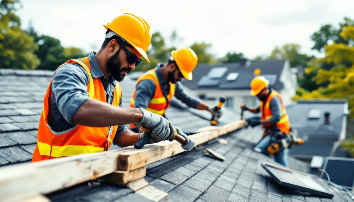 A group of roofers working on a residential roofing project in New Jersey.