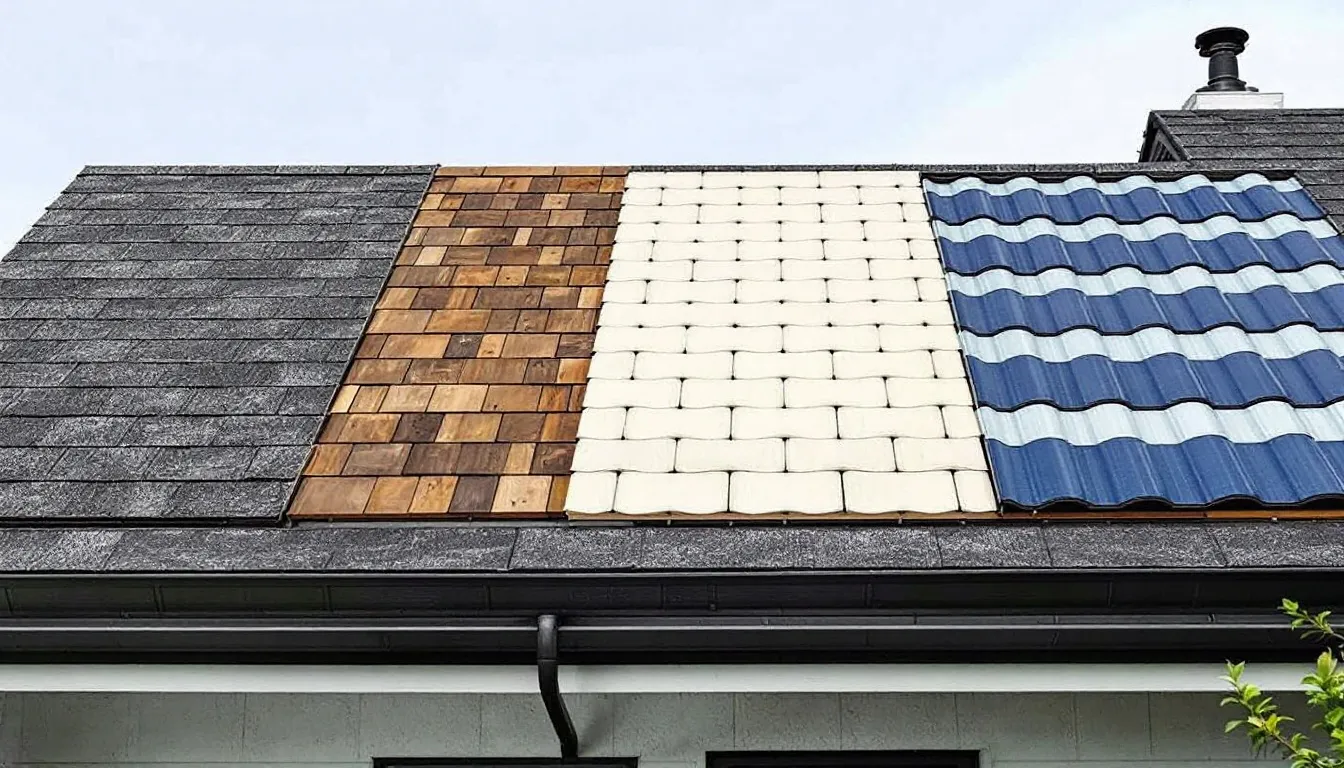 Various types of roofing shingles displayed on a residential roof.