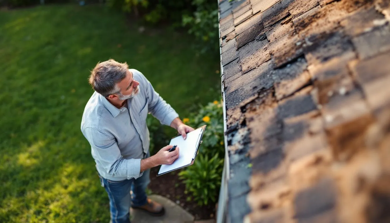 A homeowner stands on the ground, carefully documenting roof damage with a camera and clipboard, highlighting the importance of regular roof inspections, especially after Arizona's monsoon season. The scene emphasizes proactive steps to prevent costly repairs from future storms and ensures the roofing system remains in good condition.