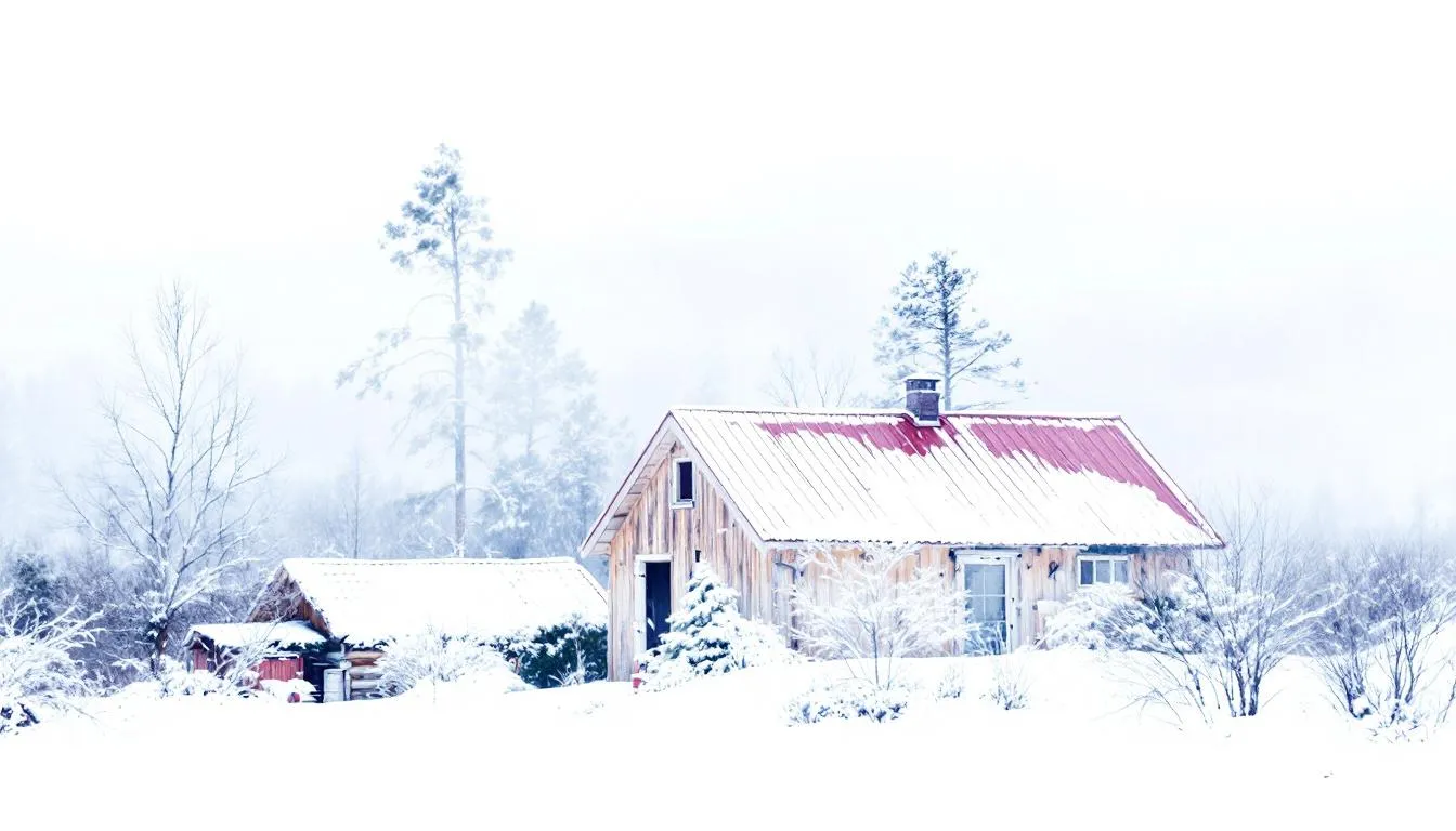 A cozy house with a durable metal roofing stands amidst a winter landscape blanketed in snow, showcasing its quality roofing materials against the serene white backdrop. The scene captures the contrast between the warm structure and the cold climate, highlighting the home’s curb appeal in severe weather conditions.