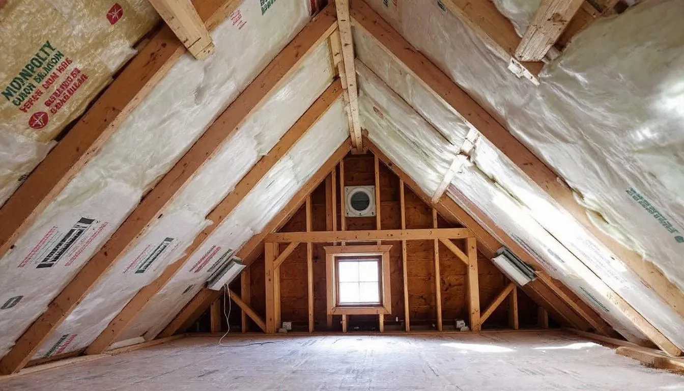 The image depicts an interior view of an attic, showcasing proper insulation and ventilation components, essential for maintaining the structural integrity of the roof. This setup emphasizes the importance of quality roofing and routine inspections to ensure early detection of any potential issues.