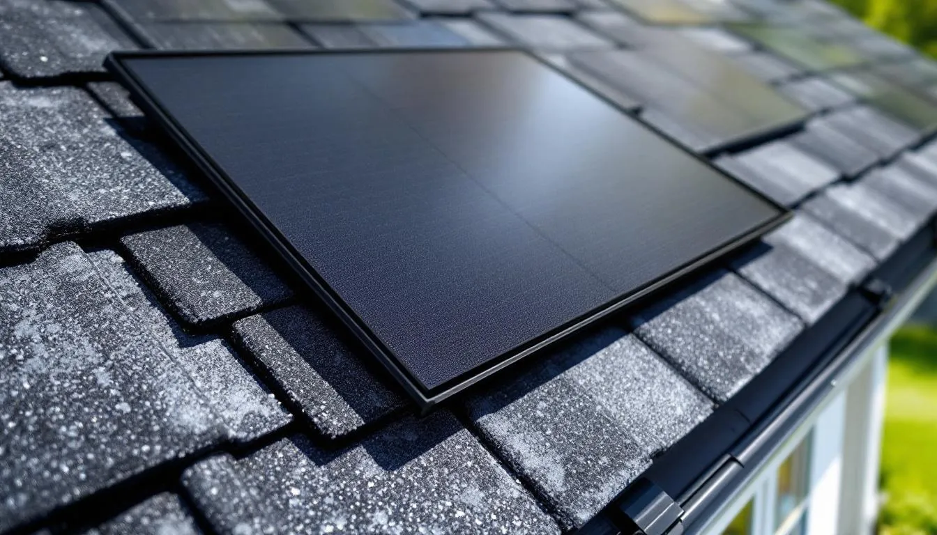 A close-up view of solar shingles showcases their integration into a residential roofing system, highlighting the aesthetic appeal and renewable energy benefits of solar power. This image illustrates how installing solar panels can enhance property value while providing significant savings on energy bills.