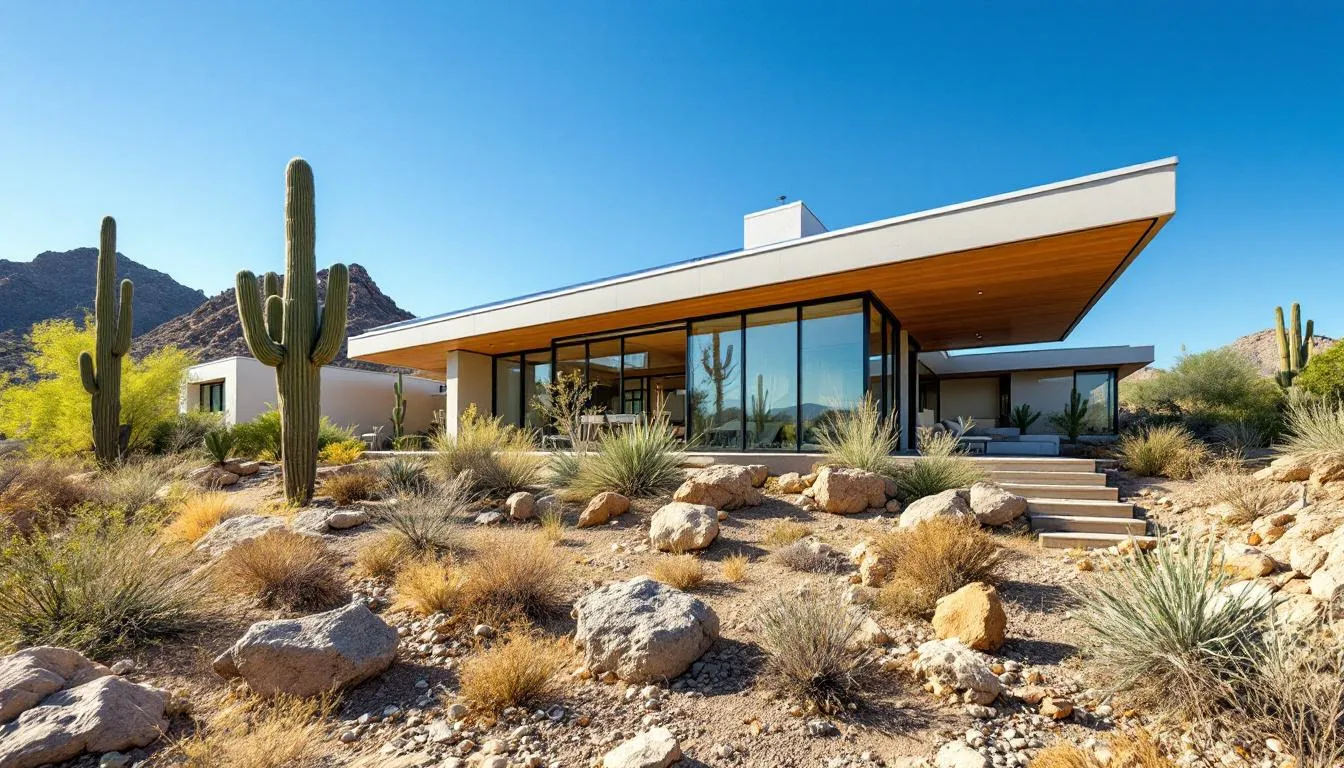 A modern Arizona home showcases a sleek solar panel system on its roof, surrounded by a vibrant desert landscape. This setup highlights the benefits of solar power, including significant savings on energy bills and potential financial incentives for homeowners in sunny states like Arizona.