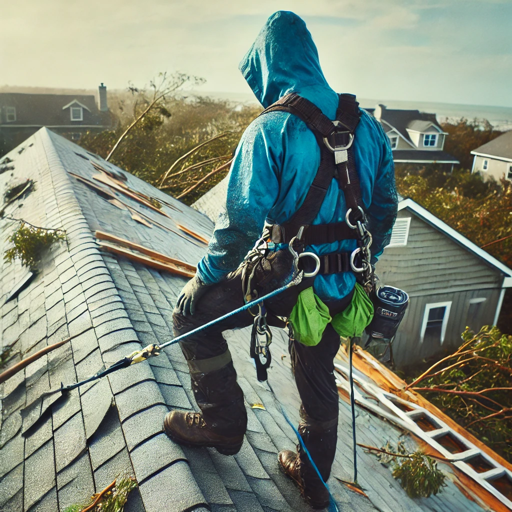 DALL·E 2024 10 07 13.18.14 A roof inspector standing on top of a roof wearing a harness and full safety gear including a blue raincoat and green protective clothing. The inspe