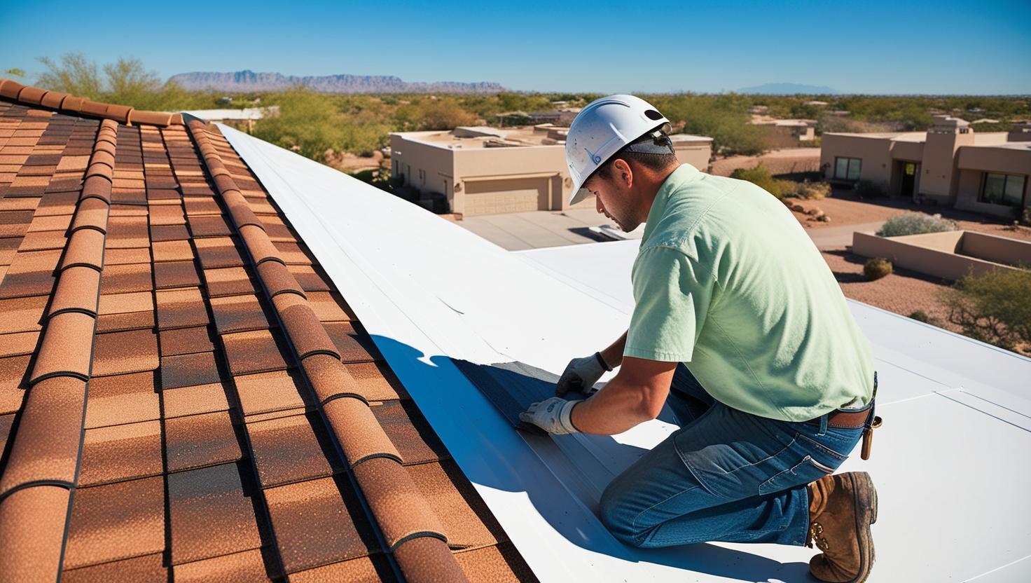roofing repairs in arizona, fixing roof wearing light green shirt roofer